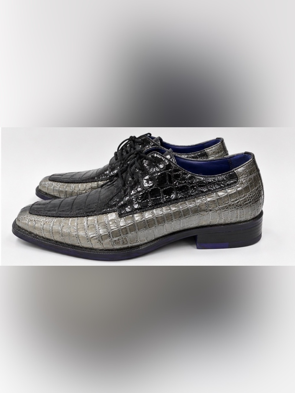 Roberto Chillini Croc-Embossed Leather Dress Shoes - Black & Silver Size 11